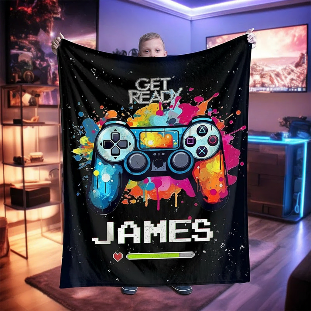 Personalized Color Ink Get Ready Gamepad Blanket Flannel Blanket Gaming Blanket with Name for Game Lovers Gamer