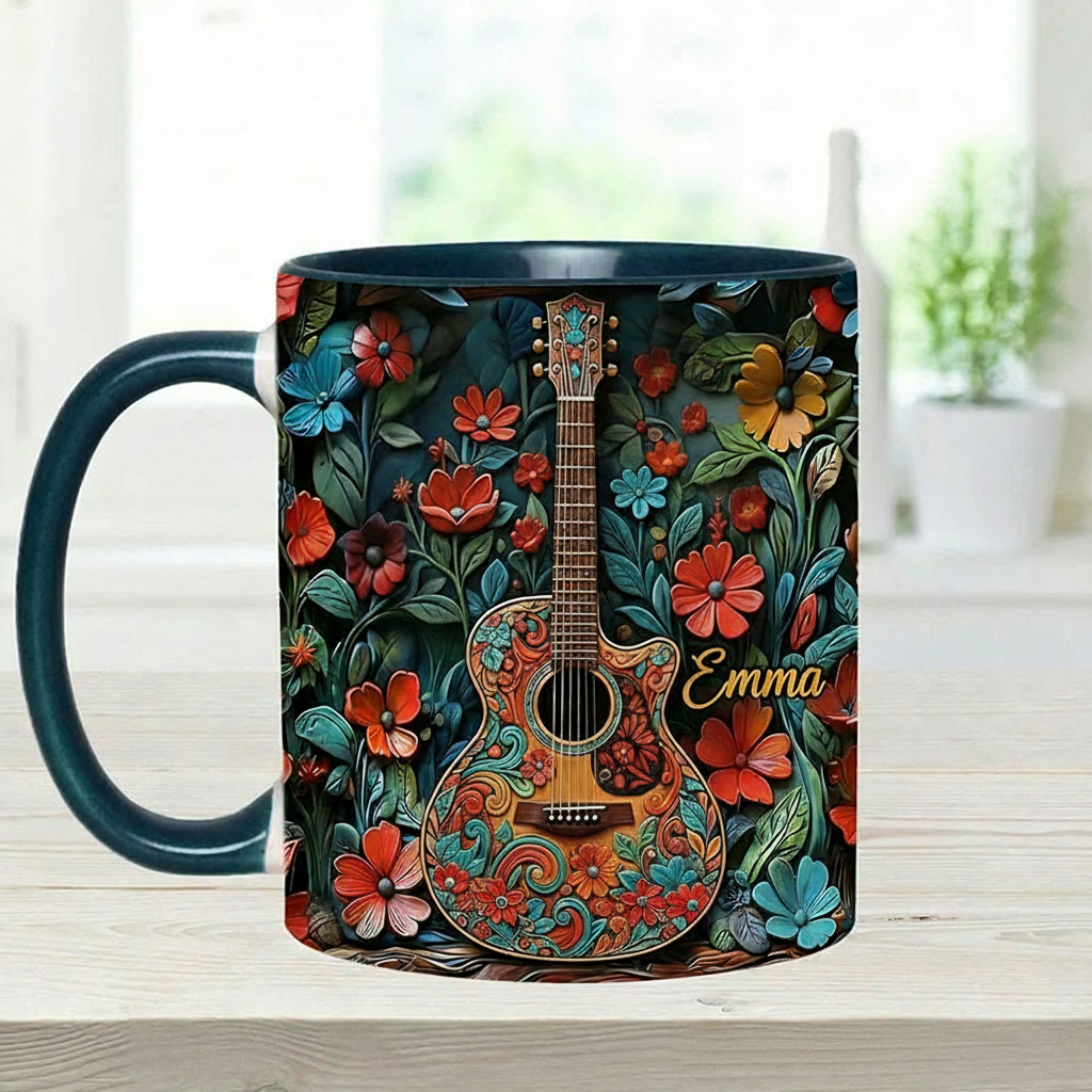 Personalized Guitar Mug Custom Name Gift for Her Music Lover Guitar Lover Present for Mother Wife Daugther Girlfriend