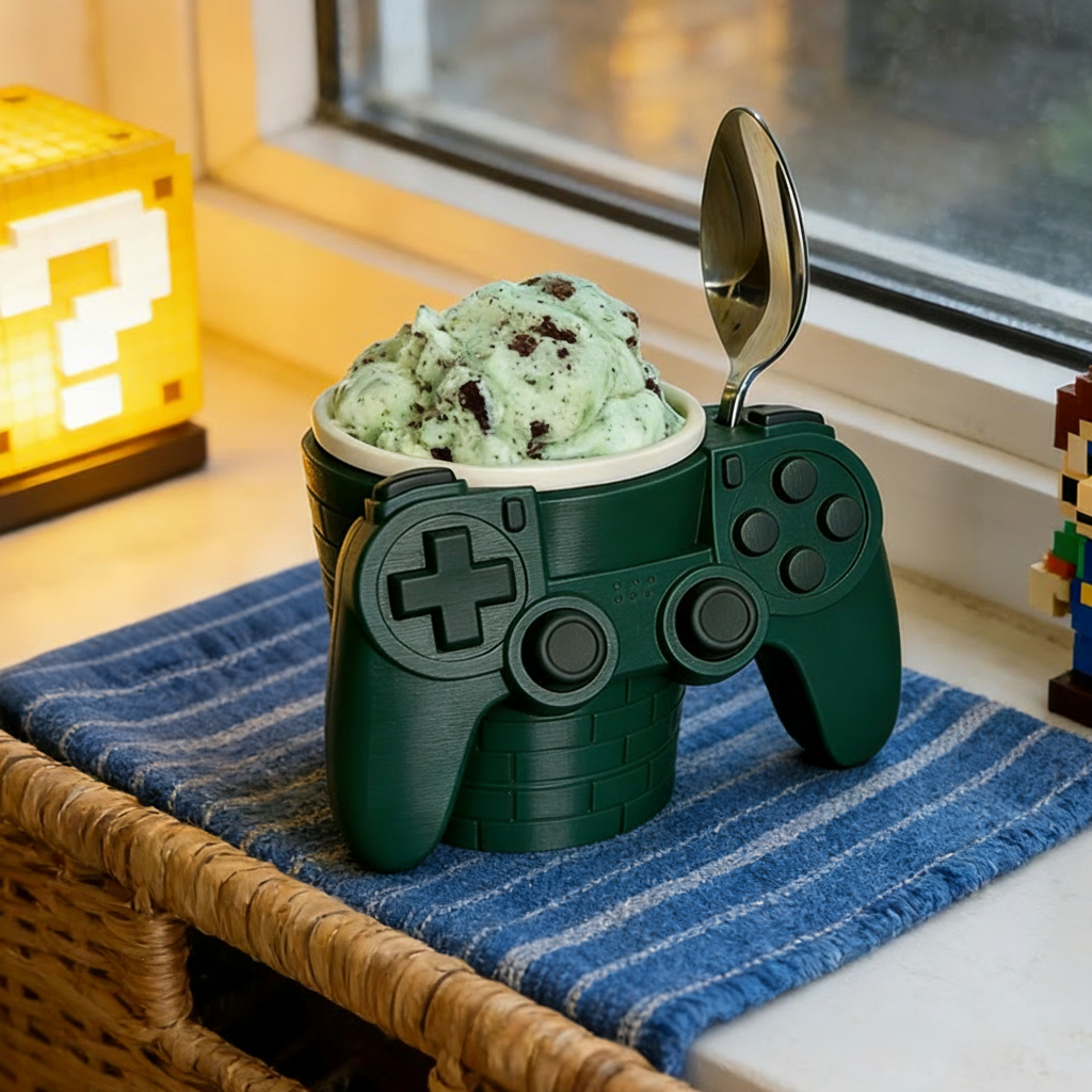 Personalized Game Controller Gamer Ice Cream Pint Holder with Spoon Slots Eco-Friendly 3D Print for Game Lovers