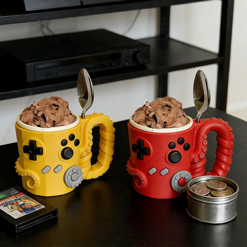 Personalized Couple Octopus Controller Gamer Ice Cream Pint Holder with Spoon Slots Eco-Friendly 3D Print for Game Lovers