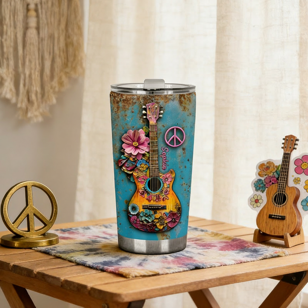 Personalized 2D Flat Peaceful Guitar Vibes 20oz Tumbler Custom Hippie Themed Tumbler for Music Lovers