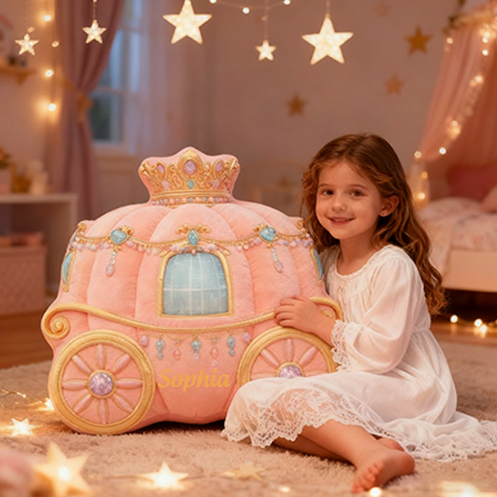 Personalized Princess Carriage Christmas Gift Pillow Soft Pastel Pink Theme and Custom Name Fairy Tale Inspired Room for Kids