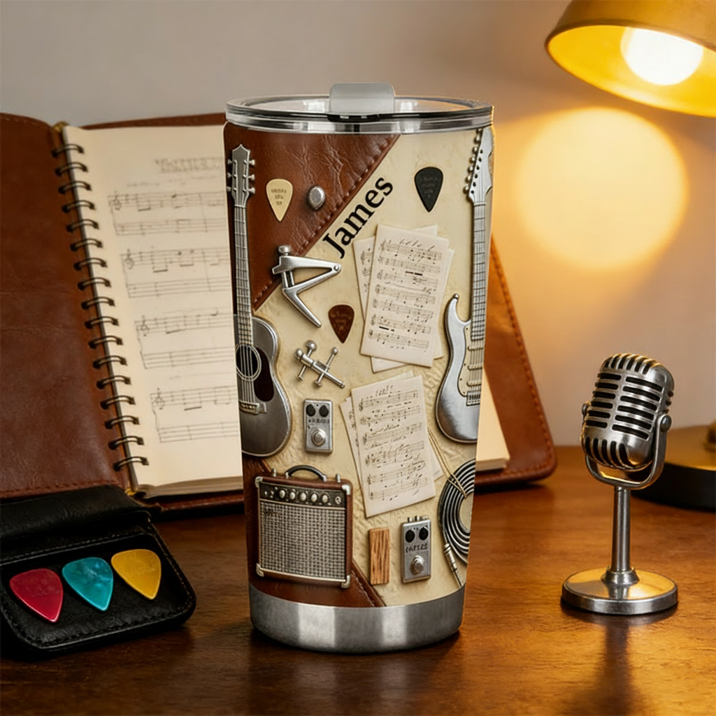 Personalized 2D Flat Vintage Music Notes 20oz Tumbler Custom Guitar Themed Tumbler for Music Lovers