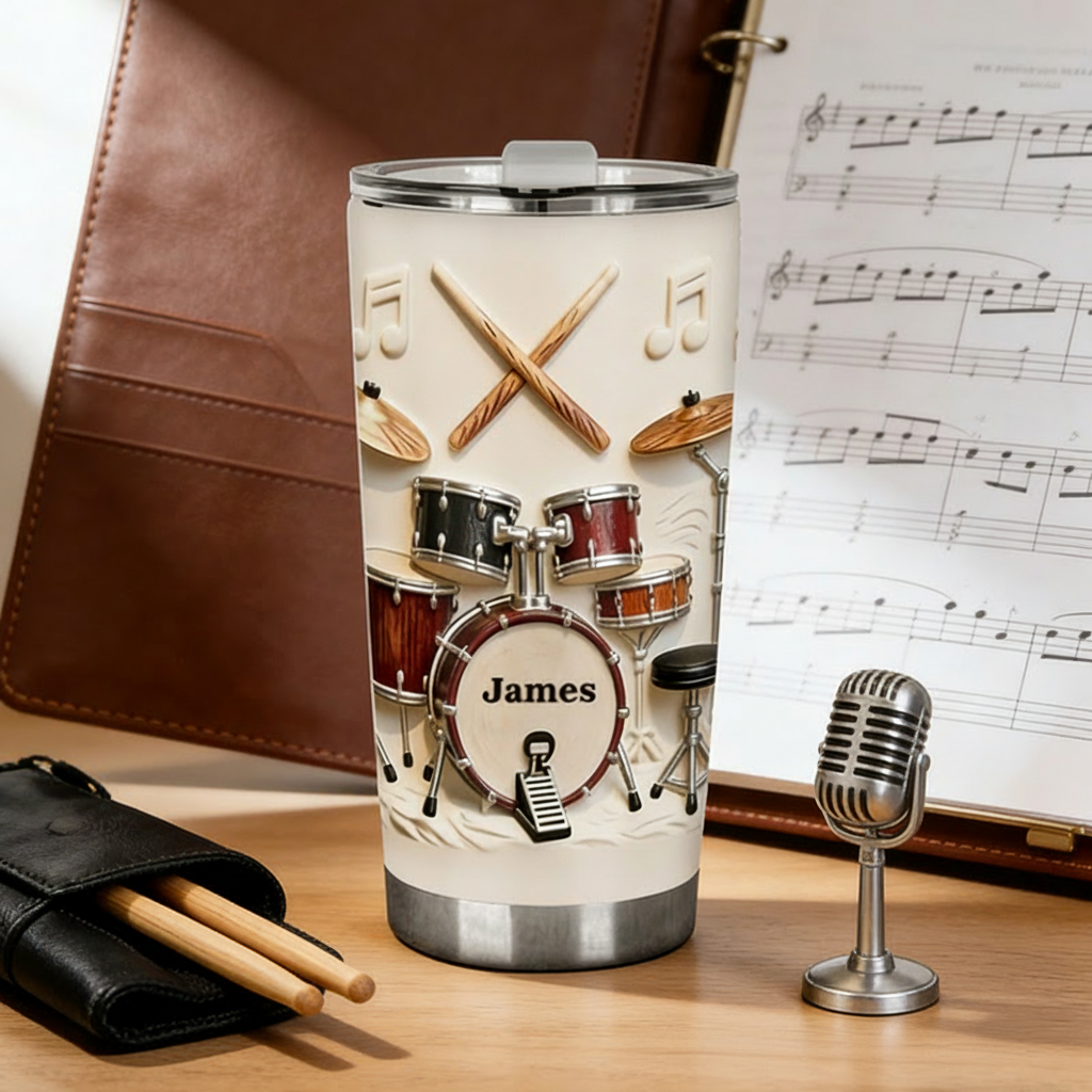 Personalized 2D Flat Drum Beat 20oz Tumbler Custom Drum Themed Tumbler for Music Lovers