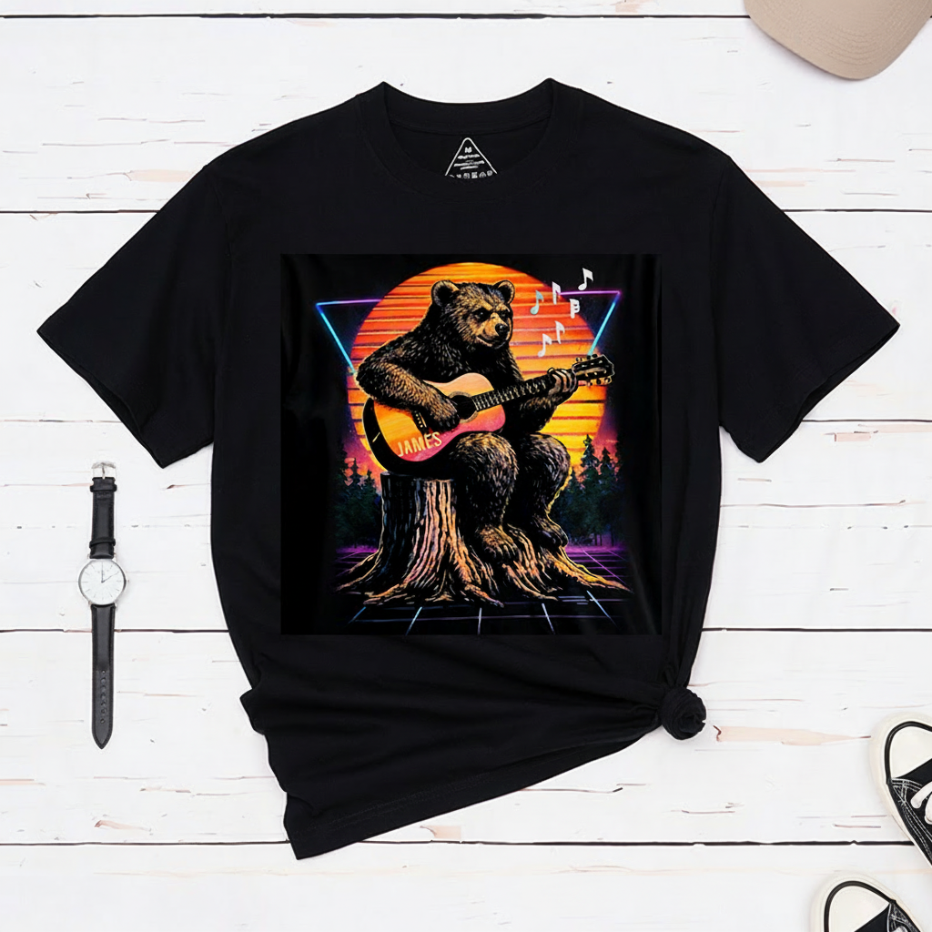 Personalized Classic T-Shirts Neon Bear Guitarist T-Shirt Vintage Music Graphic Tee for Music Lovers