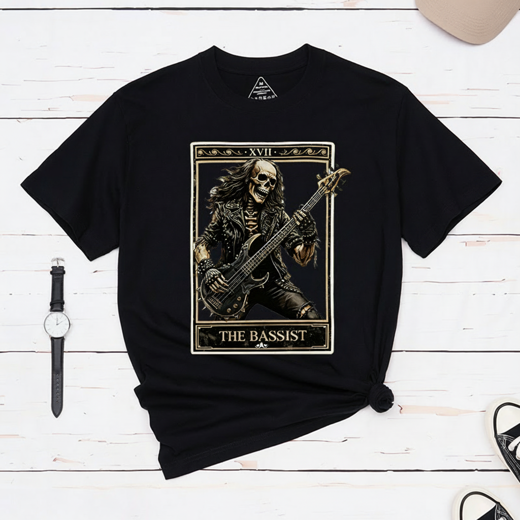 Personalized Classic T-Shirts The Bassist Skull T-Shirt Vintage Music Tarot Graphic Tee for Music Lovers