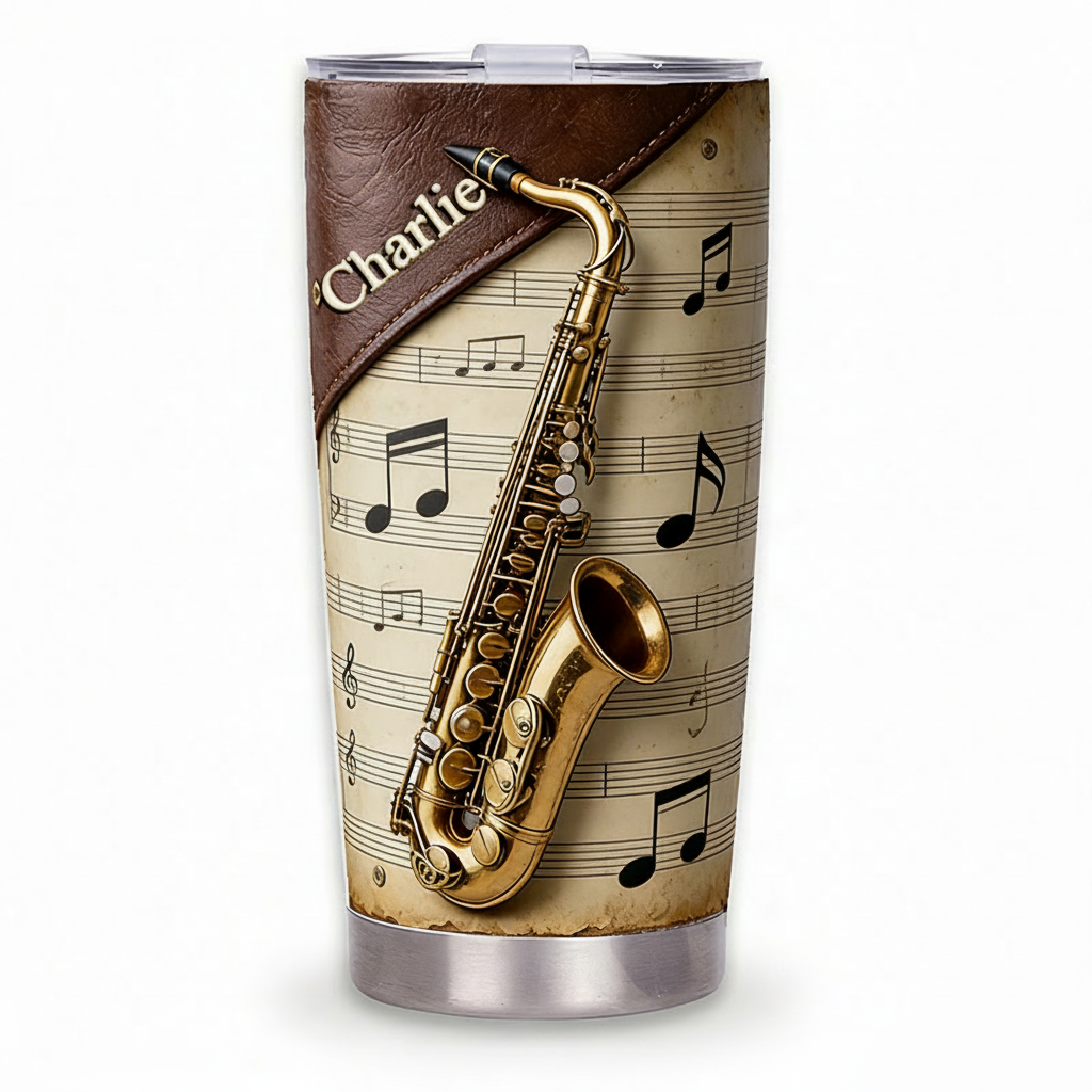 Personalized 2D Flat Golden Melody 20oz Tumbler Custom Saxophone Themed Tumbler for Music Lovers