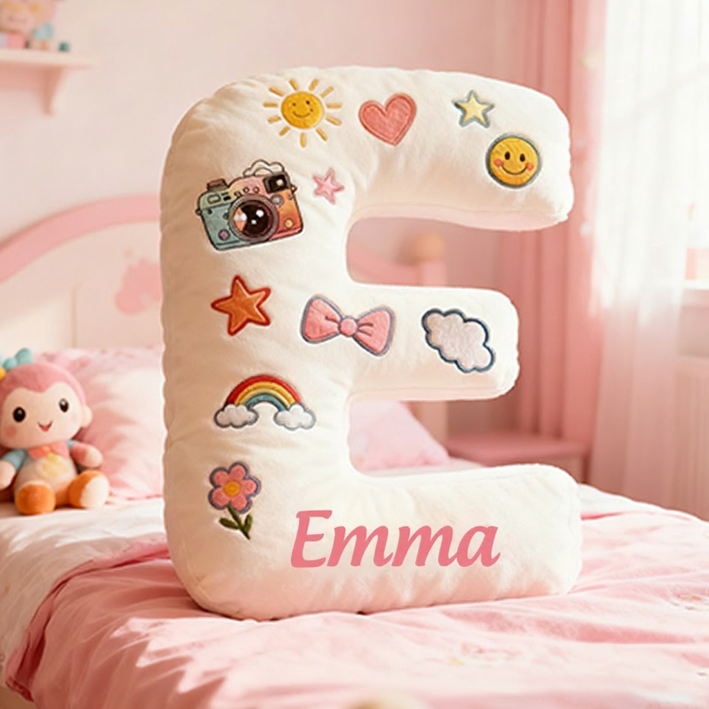 Personalized 26 Letters Shaped Christmas gift Pillow with Cute Camera Bowknots Flowers Smiley Faces Stars and Pastel Design Graphic 3D Print Pillow