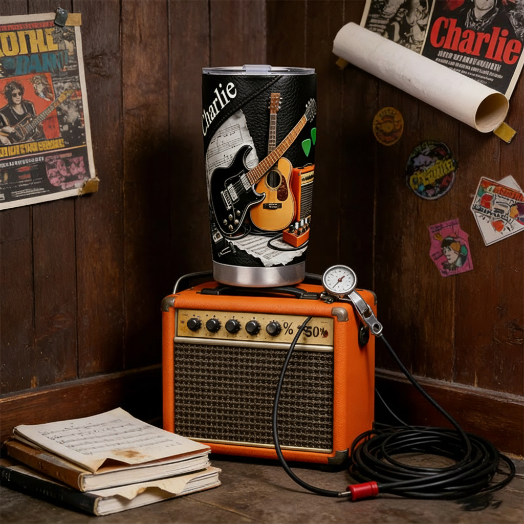 Personalized 2D Flat Rock Fusion 20oz Tumbler Custom Guitar Themed Tumbler for Music Lovers