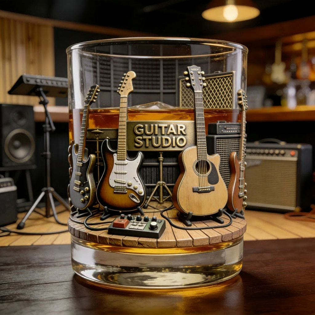 Personalized Guitar Studio Themed Whiskey Glass with Custom Text Whiskey Glass Engraved Glasses Gift for Guitar Players Musicians Music Producers
