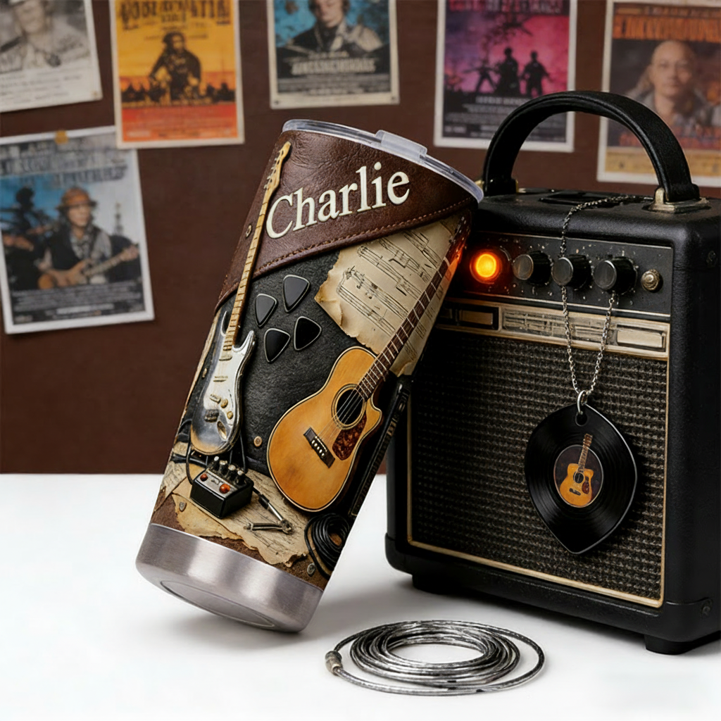 Personalized 2D Flat Dark Acoustic Vibes 20oz Tumbler Custom Guitar Themed Tumbler for Music Lovers