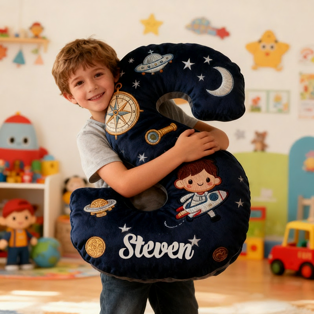 Personalized Space Themed Christmas Gift Pillow with Stars Moon Spaceship Compass Telescope and Astronaut Design Graphic 3D Print Pillow