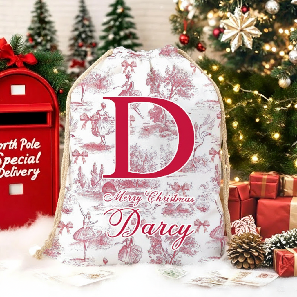 Personalized Vintage Toile De Jouy Ballet Initial Canvas Drawstring Gift Bag with Name Christmas Gift for Family Friends Dance Lovers