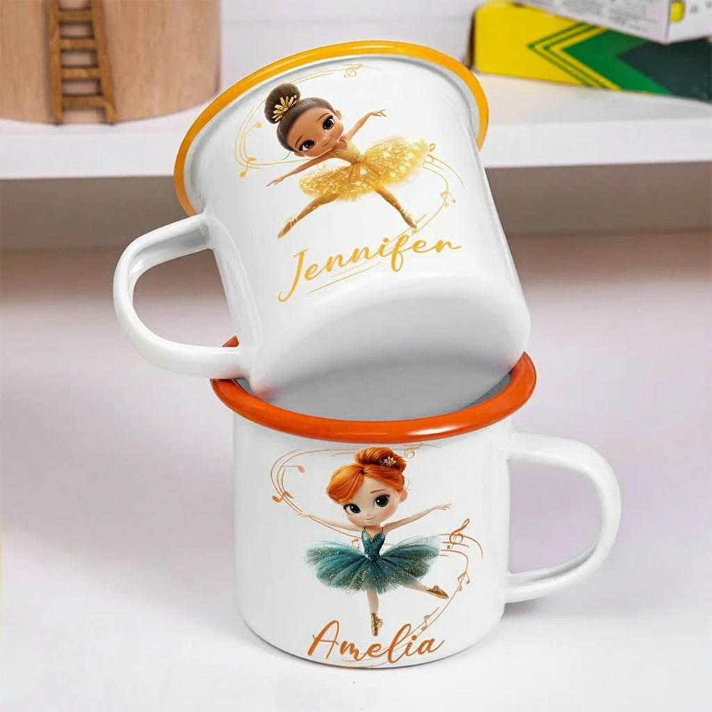 Personalized Cute Cartoon Ballet Girl Dance Lover Enamel Mug with Initial and Name Back to School Birthday Gift for Kids