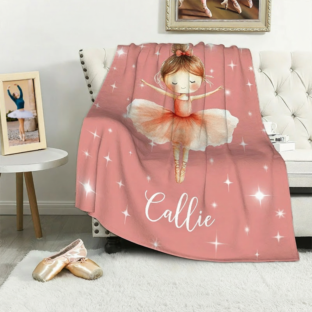 Personalized Cartoon Ballerina Girl Blanket Flannel Blanket Ballet Lover Blanket with Name for Dance Lovers Dancer