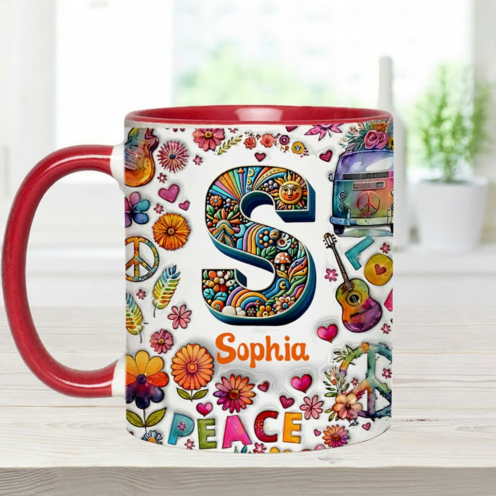Personalized Hippie Soul Personalized name and Initial Letter mug Hippie Accent Mug for Holiday Decor Family Gifts and Party Favors