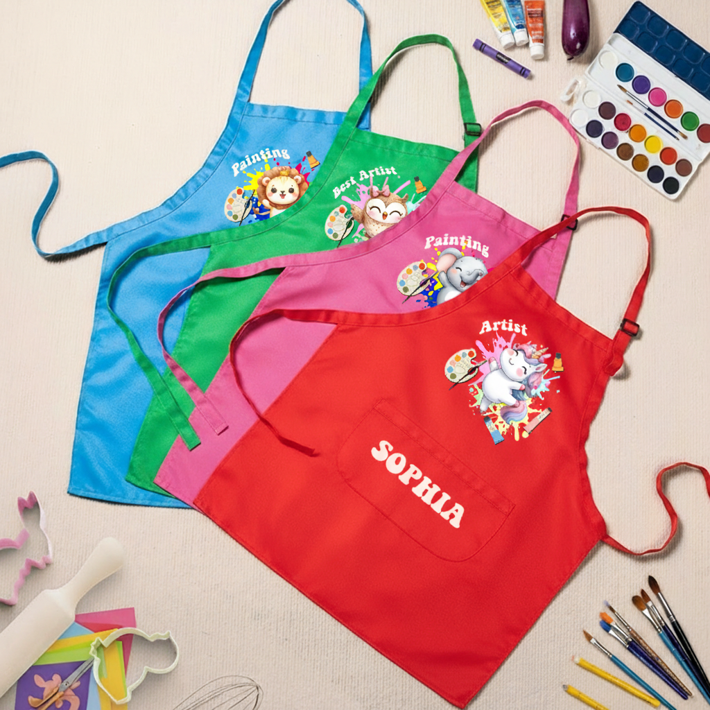 Personalized Cute Animal Kids Art Apron Fantasy Horse Kid Apron Chef Hat Set with Name Cooking Handcraft Activities Birthday Holiday Gift for Kids