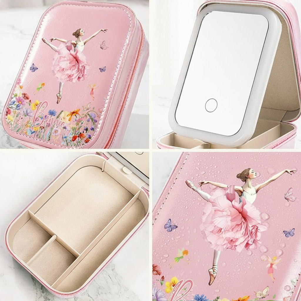 Personalized Birth Flower Butterfly Ballet Girl Leather Jewelry Box with LED Makeup Mirror Hair Pin Case Birthday Wedding Gift for Women