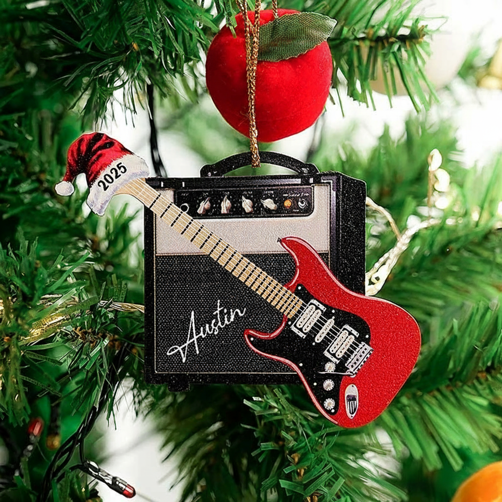 Personalized 3D Effect Retro Guitar Amp Santa Hat Ornament with Name and Year Holiday Decor Christmas Gift for Guitarists Guitar Lovers