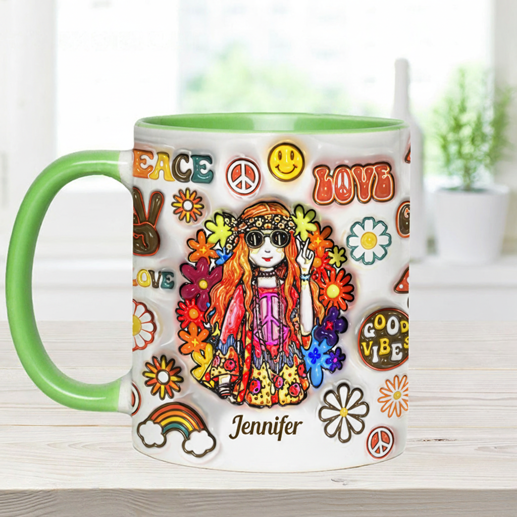 Personalized Name Hippie Accent Mug Hippie Girl Hippie Soul Peace Love Mug for Music Lover Gift