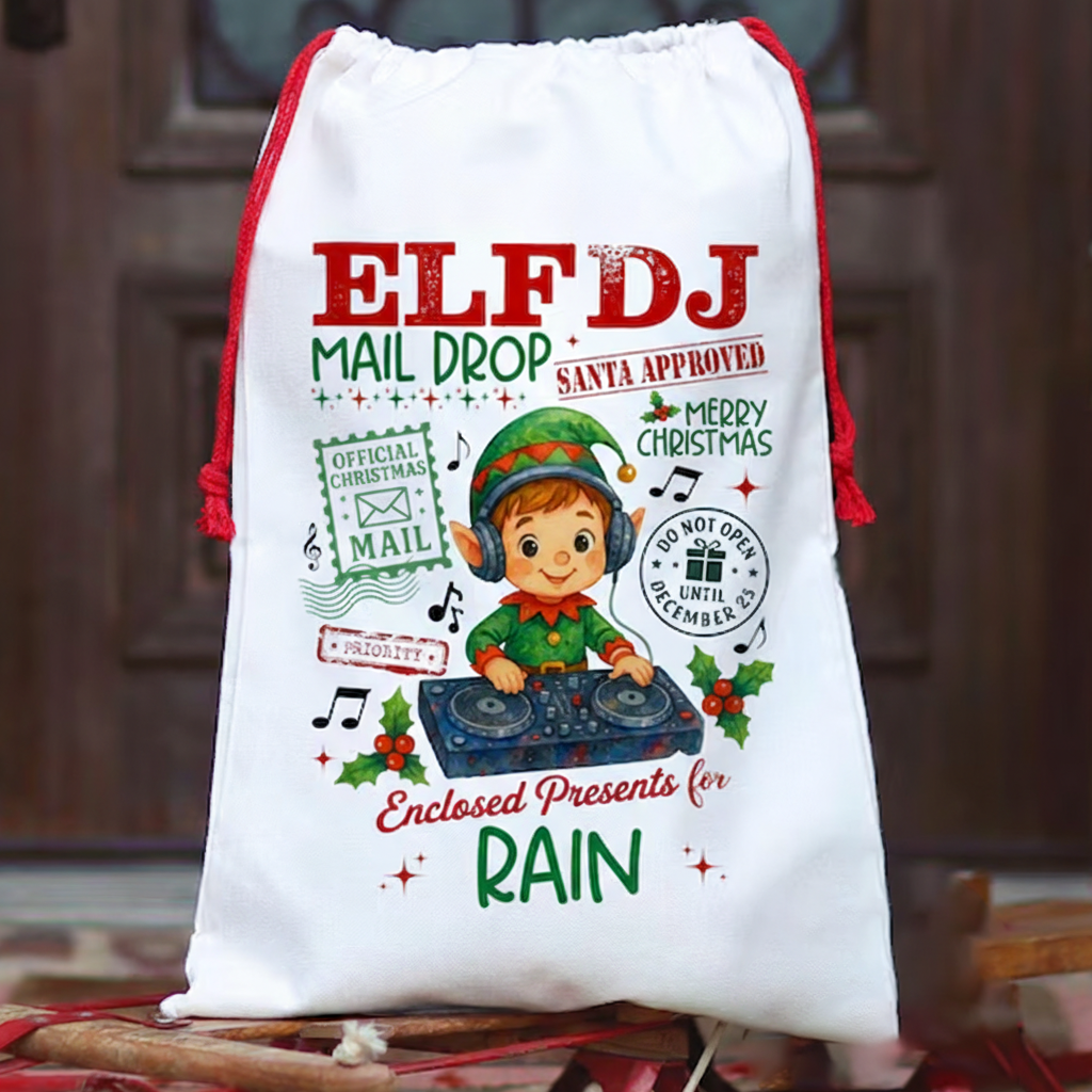 Personalized Elf Santa Bag Custom Christmas Gift Bag for Kids Music Lover Custom Name Gift Bag for Boys Christmas Gift Sack Xmas Presents Sack