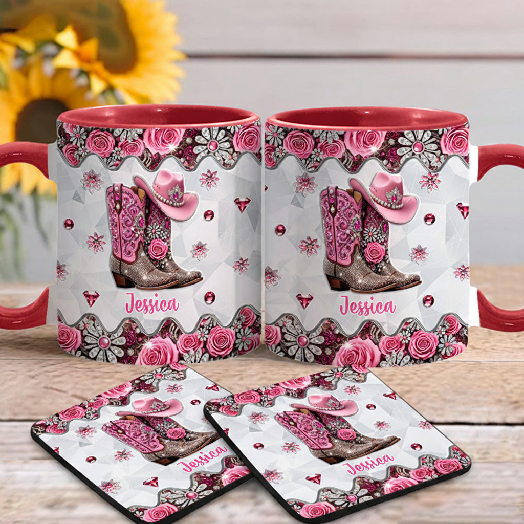 Personalized Name Cowgirl Accent Mug Custom Cowgirl Boots Gift for Music Lover Without Coaster