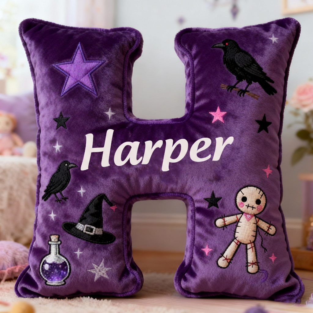 Personalized Purple Letter Pillow with Name Purple Witchy Theme and Mystical Design Graphic 3D Print Pillow