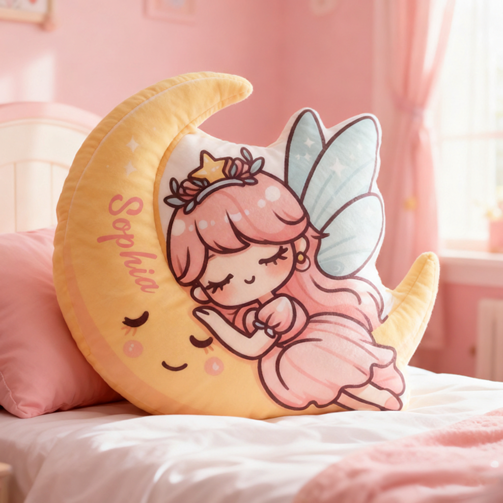 Personalized Name Moon and Pink Princess Pillows with Sparkling Wings Star Crown and Whimsical Pastel Dream Design Graphic 3D Print Pillow for Kids