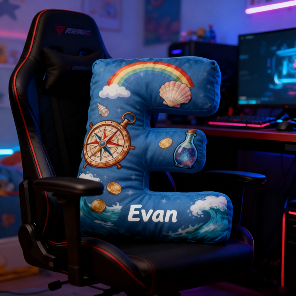 Personalized Nautical Adventure Pillow with Compass Waves Rainbow Shells Gold Coins and Magic Bottle Design Graphic 3D Print Pillow