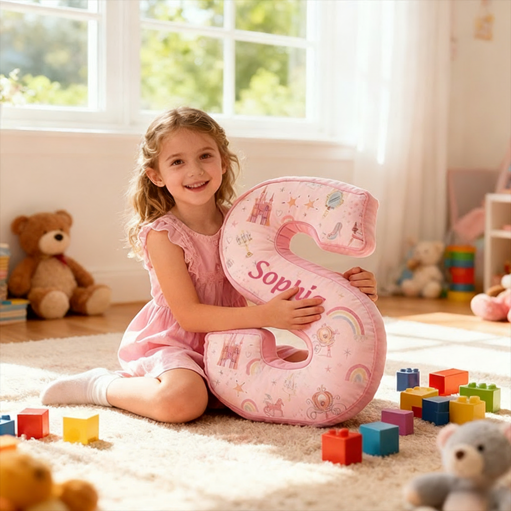 Personalized 26 Letters Christmas Gift Pink Pillow with Castles Rainbows Stars and Whimsical Fairy Tale Design Graphic 3D Print Pillow for Kids