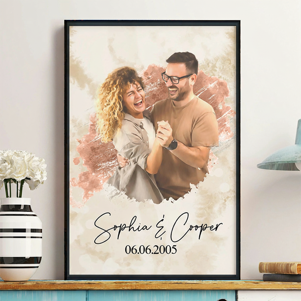 Personalized Watercolor Style Photo Wall Art For Couples Anniversary Poster Without Frame Custom Art Lover Gift Custom Portrait