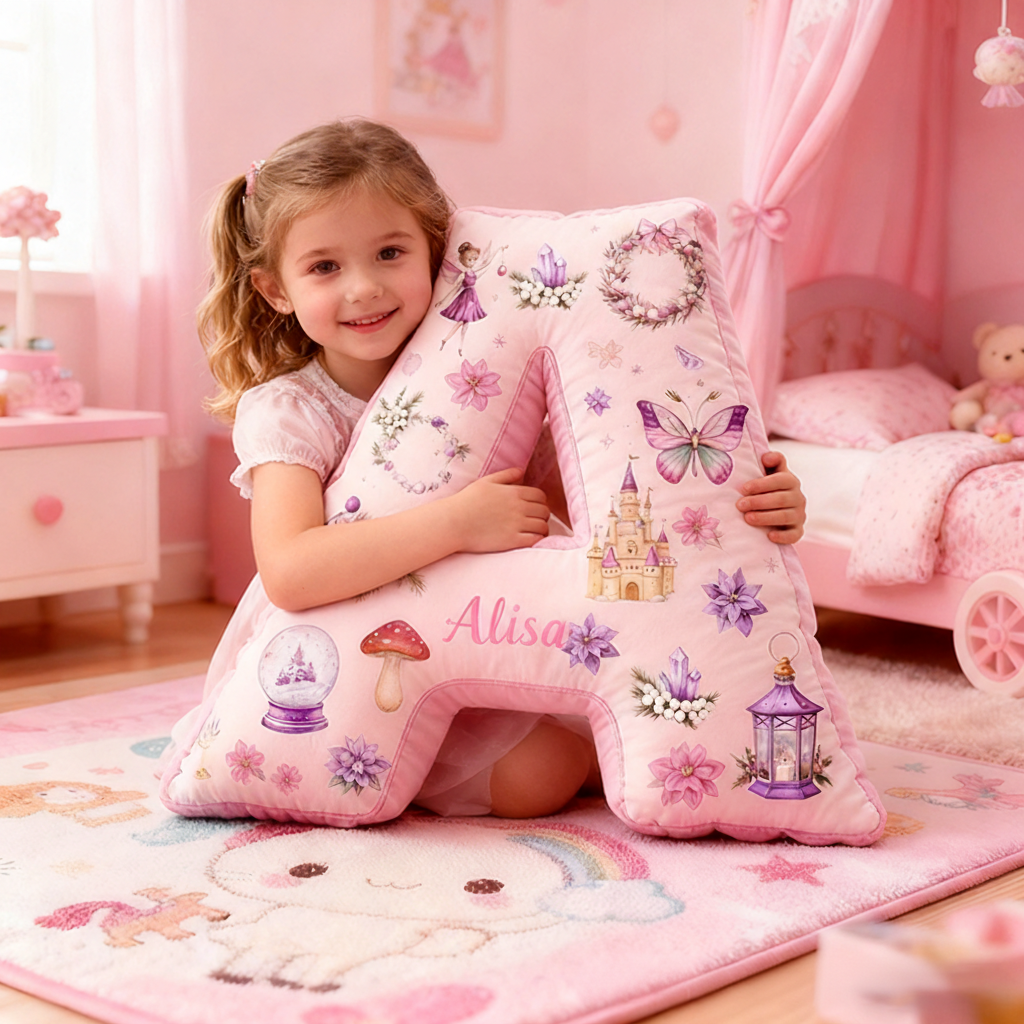 Personalized 26 Letters Pillow with Castles Butterflies Flowers Snow Globes Lanterns and Whimsical Pastel Fairy Tale Design Graphic 3D Print Pillow