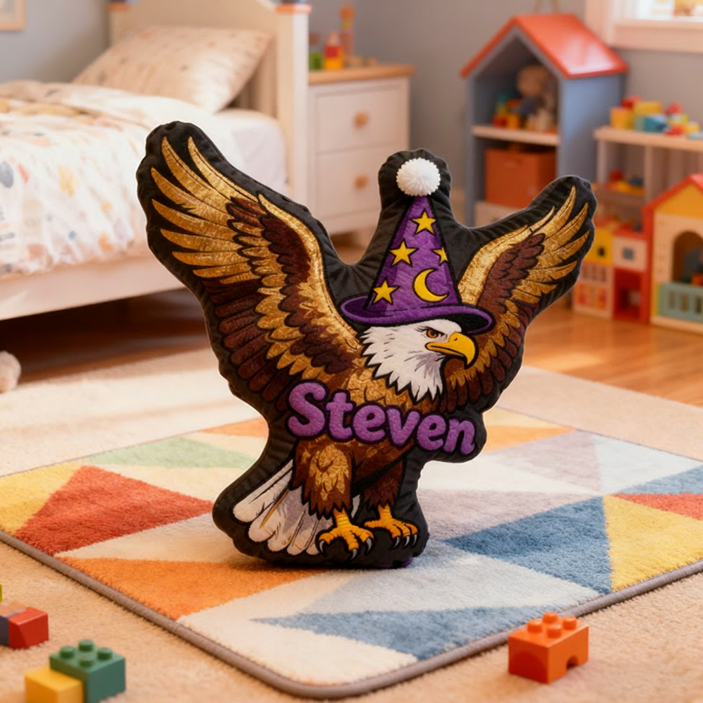 Personalized Eagle Shaped Pillow with Golden Wings Wizard Hat Moon Stars and Magical Design Graphic 3D Print Pillow