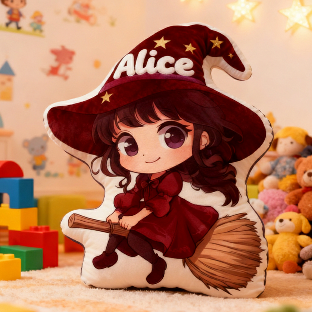 Personalized Graphic 3D Print Magic Witch Pillow with Your Name Soft Stuffed Toy for Kids Unique Decorative Cushion for Girls' Room