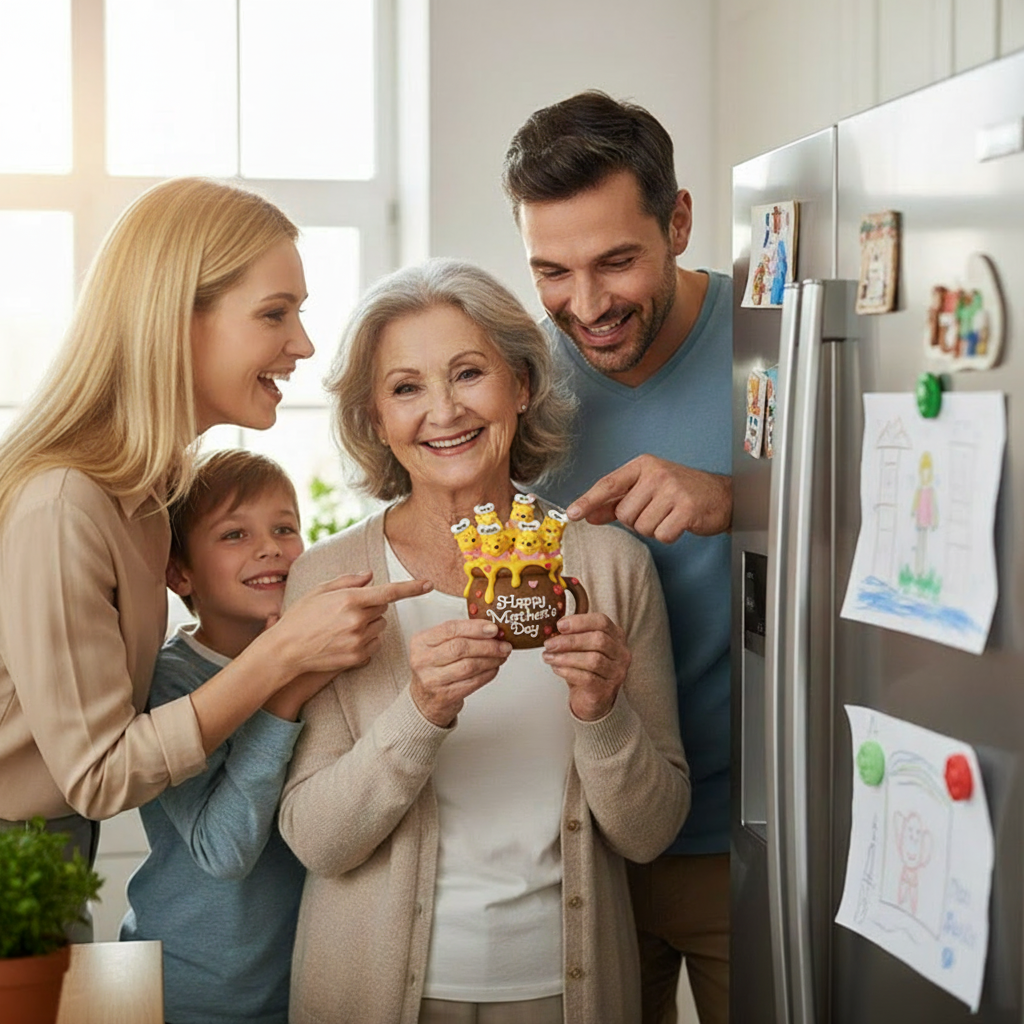 Personalized Mother's Day Bear Magnetic Fridge Magnet with Custom the Number of People Names and Text for Mother Grandmother Family