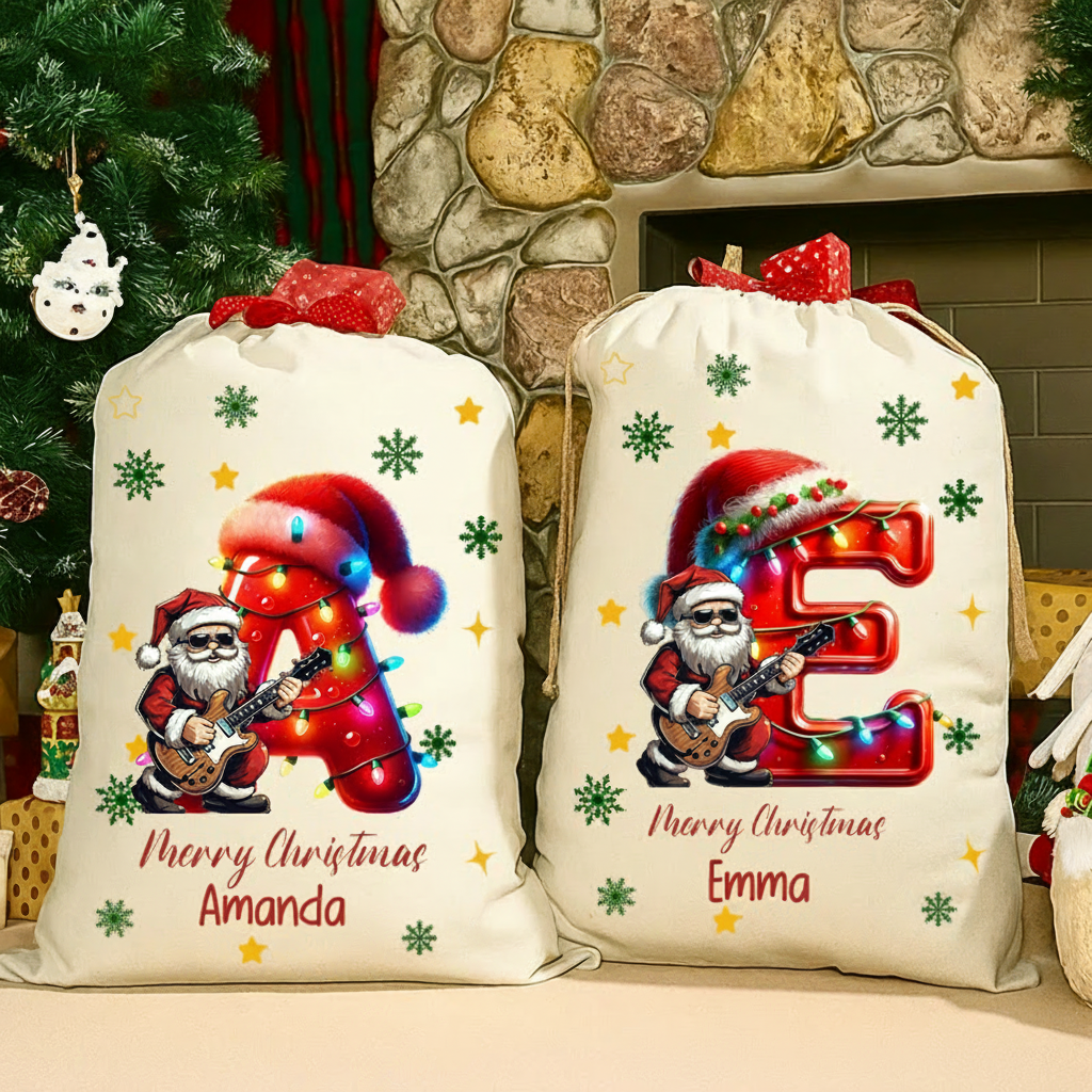 Personalized Cartoon Character Christmas Hat Light Strip Initial Large Gift Christmas Bag With Name Christmas Festival Party Gift for Music Lover