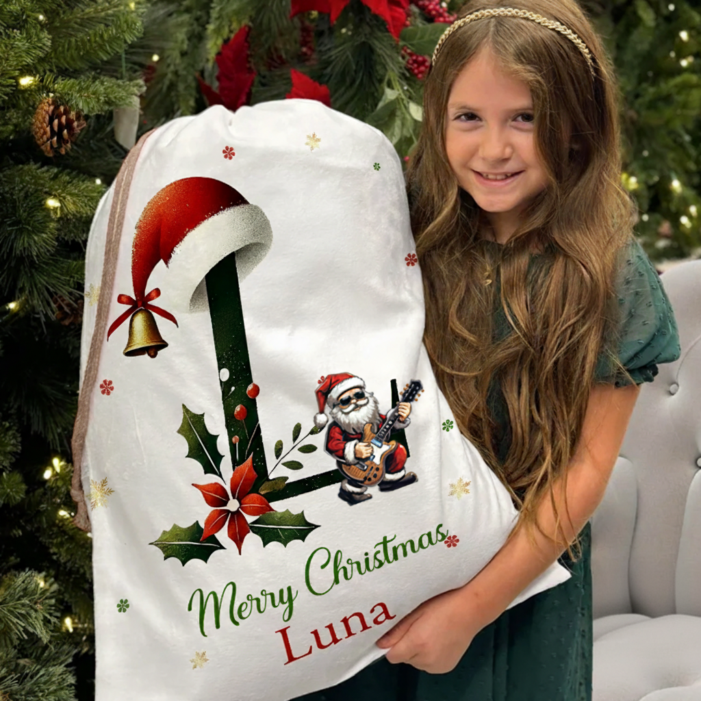 Personalized Music Lover Bell Santa Hat Initial Drawstring Canvas Gift Bag with Name Christmas Party Gift Christmas Sack