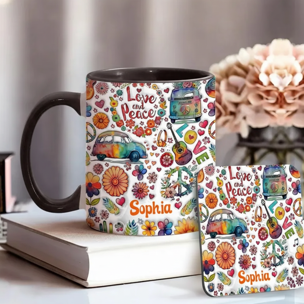 Personalized Hippie Accent Mug Love and Peace Accent Mug Flower Van Guitar Peace Sign Coffee Mug Ceramic Mug Custom Mug