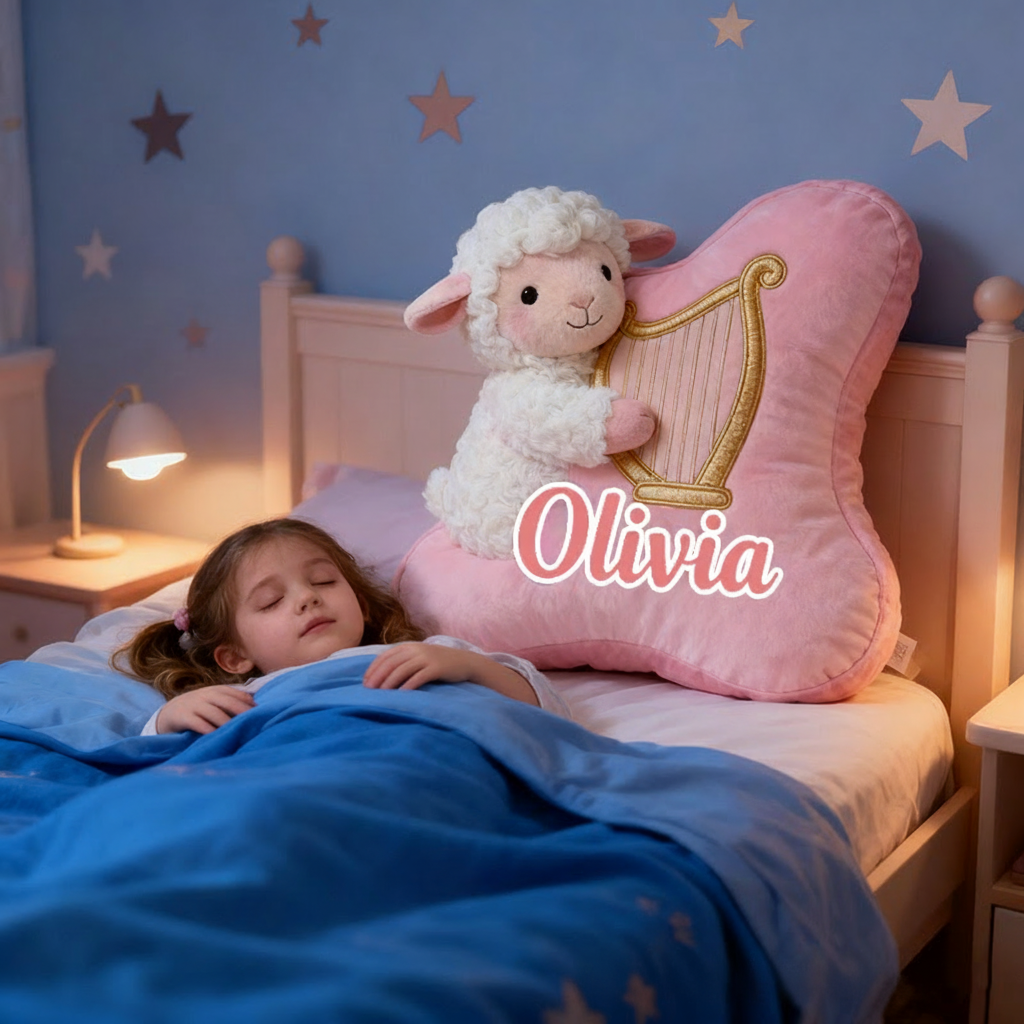 Personalized Graphic 3D Print Pink-White Sheep & Harp Pillow With Your Own Name Soft Stuffed Toy for Kids Unique Decorative Cushion for Girls' Room