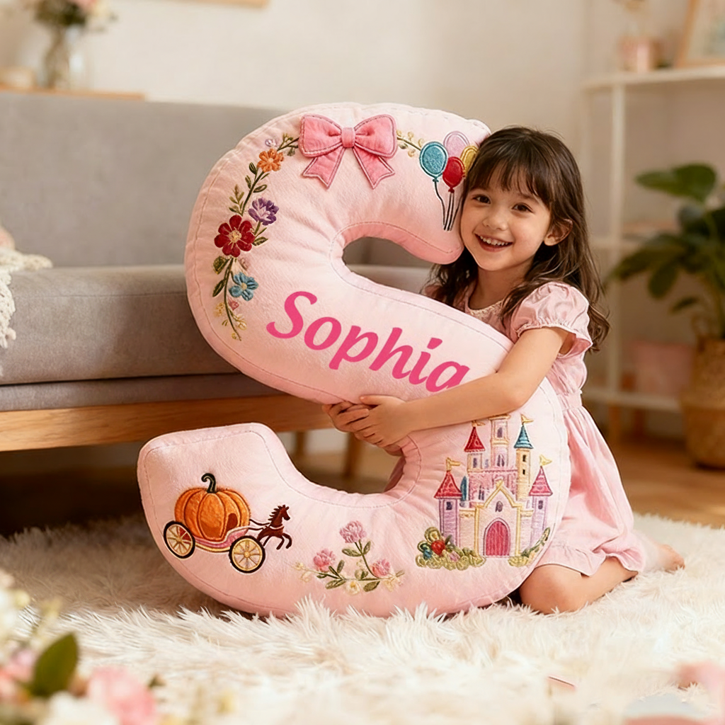 Personalized Pink Letter Christmas Gift Pillow with Castle Pumpkin Carriage Rainbow for a Fairytale Inspired Design Graphic 3D Print Pillow