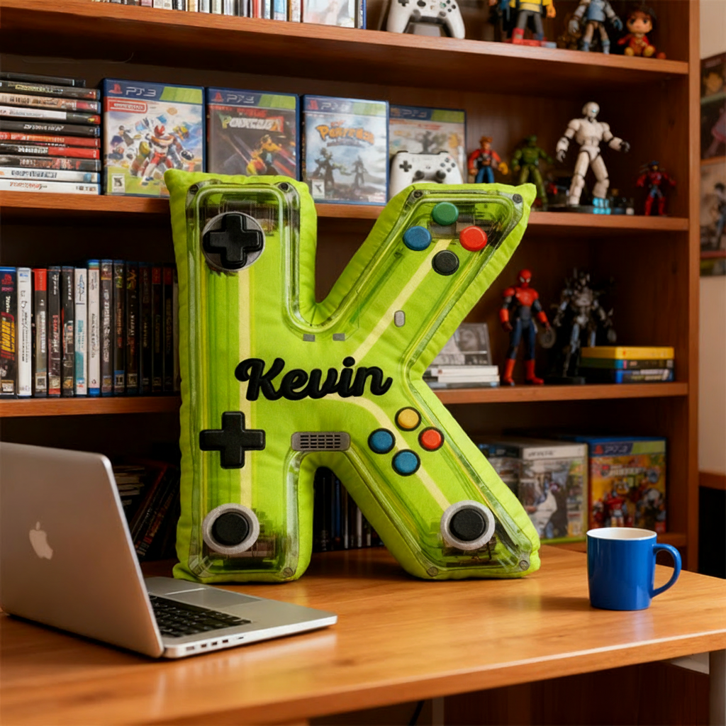 Personalized Graphic 3D Print Neon Controller Alphabet Shaped Pillow for Game Lovers Initial Pillow Christmas Gift for Kids