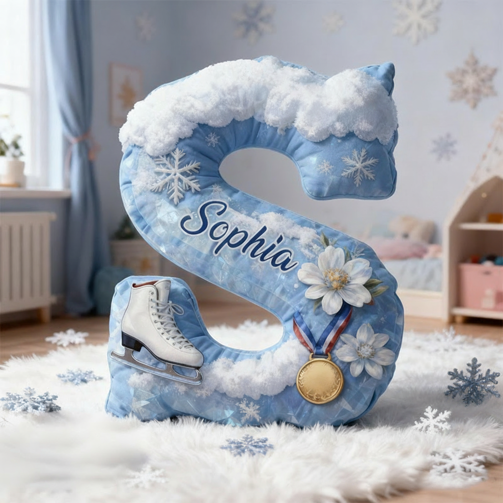 Personalized Graphic 3D Print Snowy Ice Skating Alphabet Shaped Pillow for Ice Skate Lovers Initial Pillow Christmas Gift for Kids