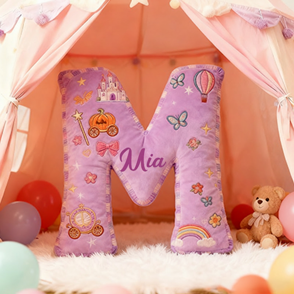 Personalized Princess Letter Christmas Gift Pillow Purple Design and Fairytale Embroidery Graphic 3D Print Pillow for Kids