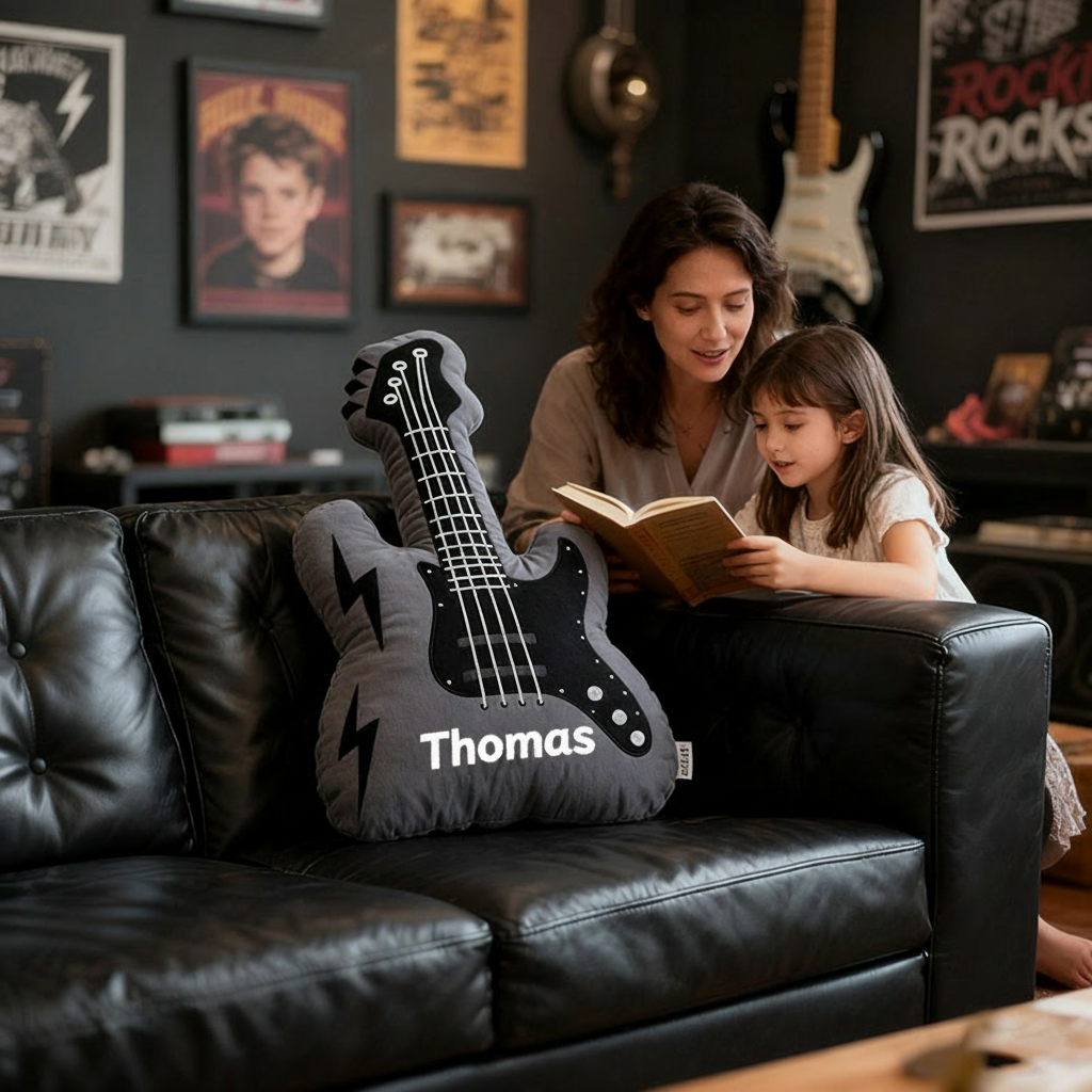 Personalized Graphic 3D Print Electric Guitar Pillow With Your Own Name Soft Stuffed Toy for Rock Music Lovers Unique Decorative Cushion for Boys' Room and Music Room