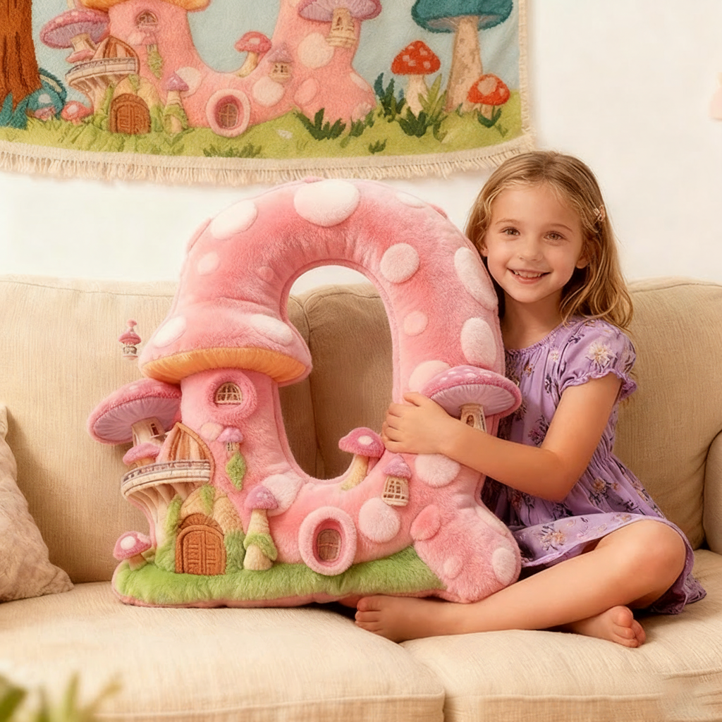 Personalized Letter Pillow with Mushroom House Design Pink Fairy Tale Theme Enchanted Tower and Magical Decorative Touch Graphic 3D Print Pillow