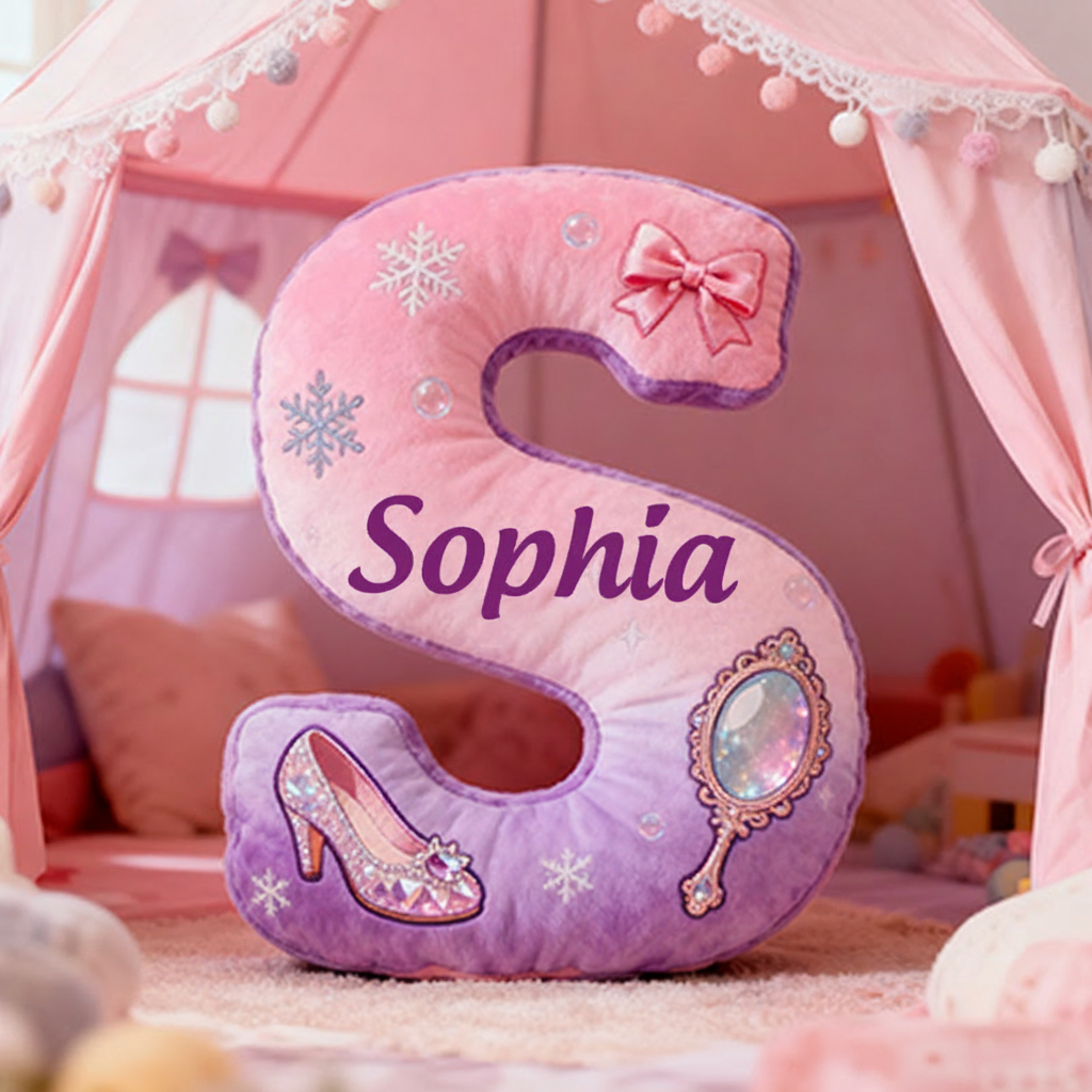 Personalized Colorful 26Letters Magic Mirror and Crystal Shoe Cute Graphic 3D Print Pillow Cute Magic Beautiful Letter Custom Pillow Gift for Kids