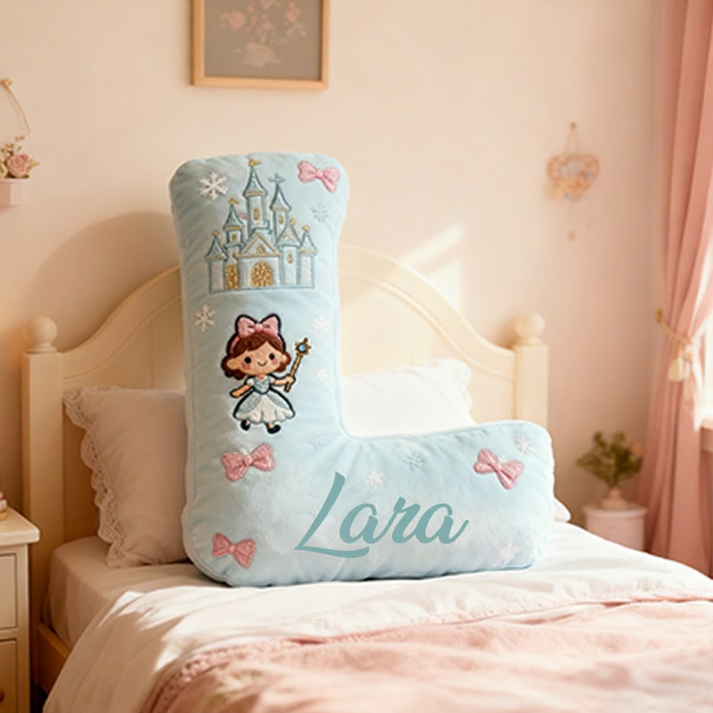 Personalized Light Blue Letter Christmas Gift Pillow with Castle Bow Accents and Fairy Princess Design for a Magical and Whimsical Touch 3D Print Pillow