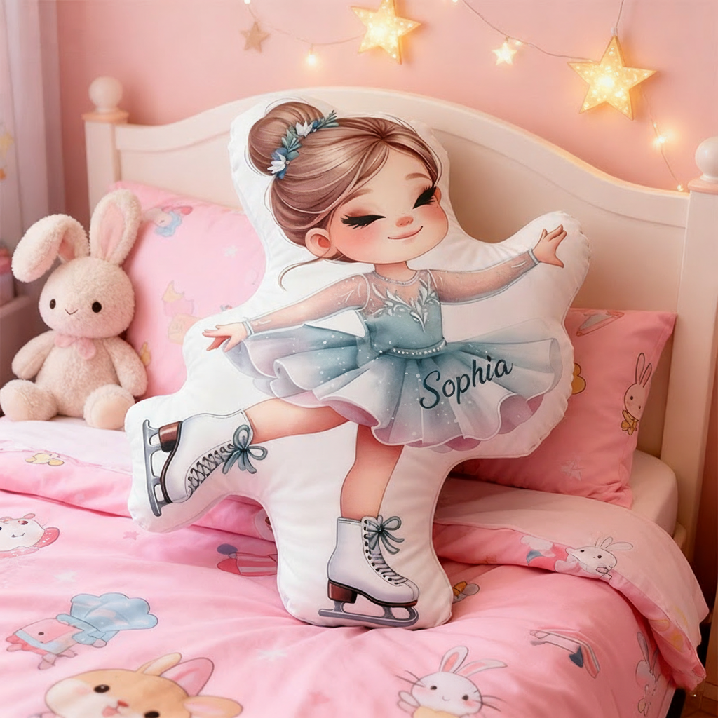 Personalized Graphic 3D Print Ice Skating Blue Girl Shaped Pillow for Ice Skate Lovers Pillow Christmas Gift for Kids