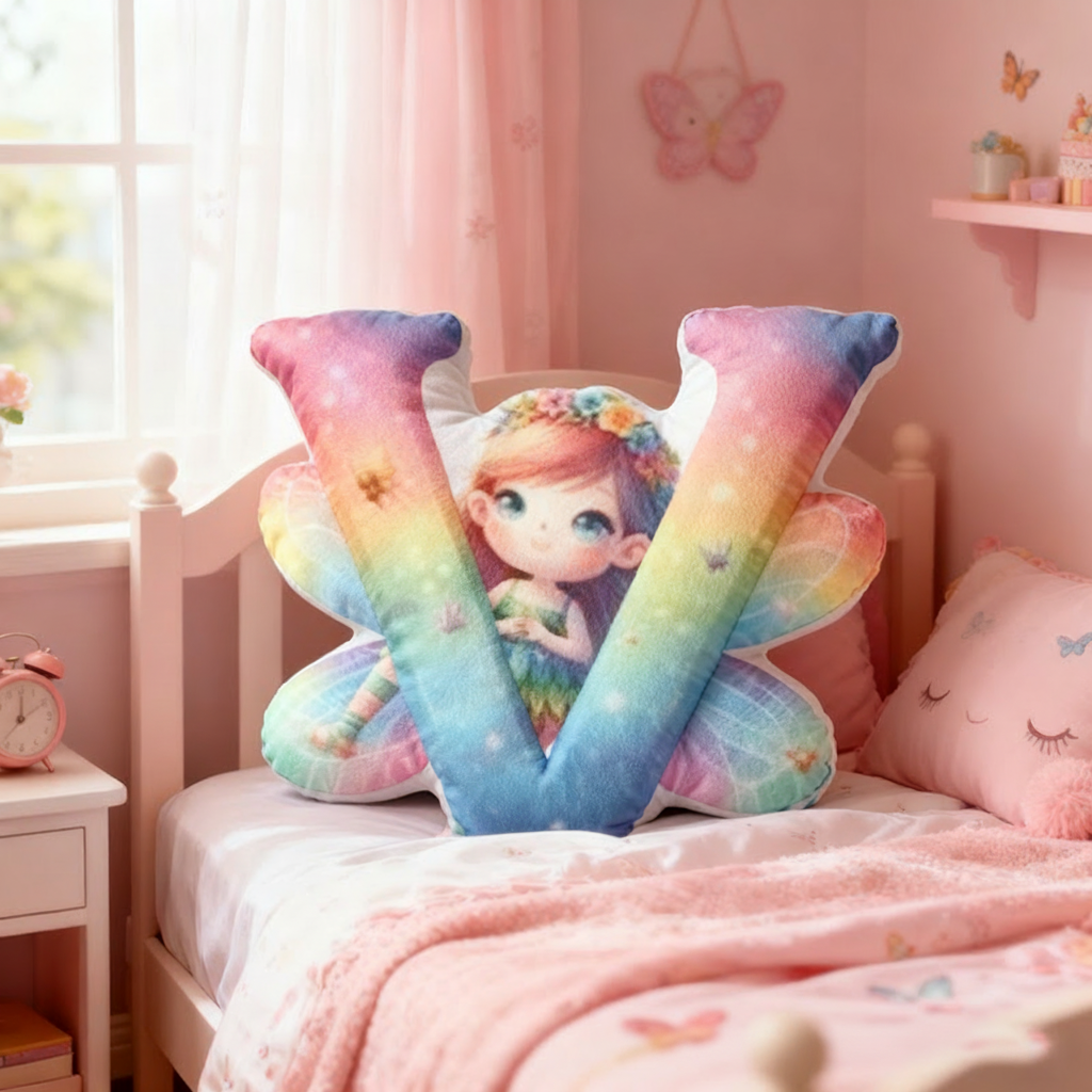Personalized Letter Christmas Gift Pillow with Gradient Sparkling Fairy Colorful Wings and  Magical Style Graphic 3D Print Pillow for Kids