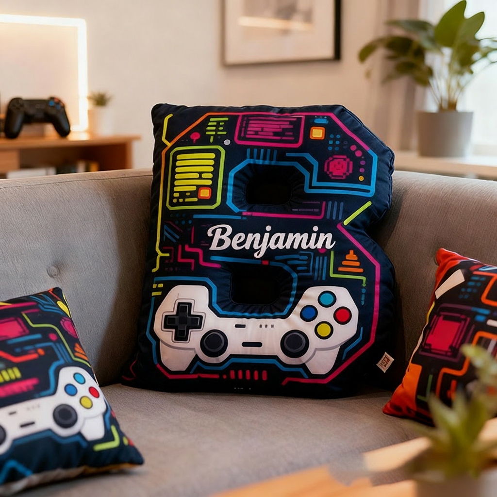 Personalized Graphic 3D Print Game Controller Letter Pillow for Game Lovers Plush Pillow Christmas Birthday Gift for Kids